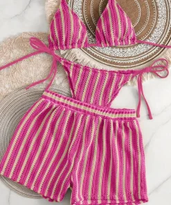 2026 new style boxer shorts mesh three-piece women's swimsuit neck lace-up bikini set - Image 3