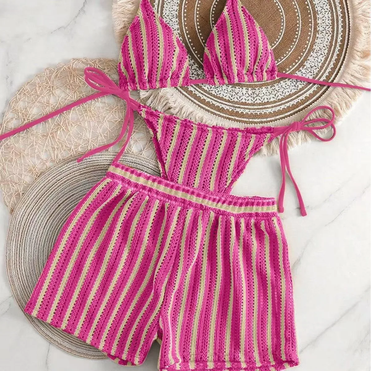 2026 new style boxer shorts mesh three-piece women's swimsuit neck lace-up bikini set - Image 3