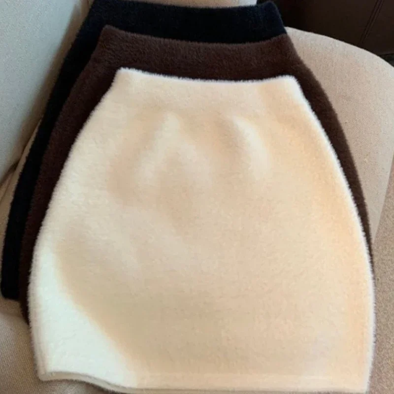 Elastic Waist Slim Women Short Skirt Sexy Elegant All-Match Basic Mini Skirt Winter Sweet Casual Knit Imitation Mink Fur Skirt - Image 3