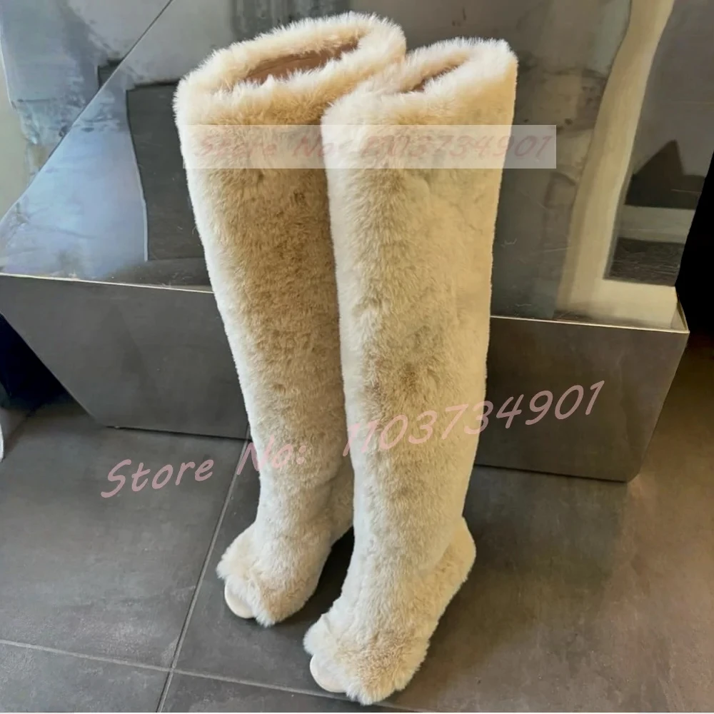 Open Toe Over The Knee Boots Women Big Size Fashion Slip-On Fluffy Fur Warm Comfortable High Heels Shoes Lady Nifty Sexy Boots