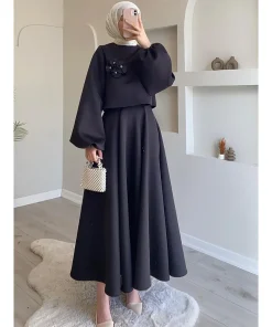 Eid Dubai Fashion Set 2 Piece Women Lantern Sleeve Top Shirt & Skirts Suits Musulman Ensembles Jalabiya Appliques Muslim Sets - Image 6