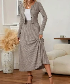 Elegant women's woolen dress set, autumn and winter half length skirt and cardigan set, 2-piece set, knitted matching set - Image 5