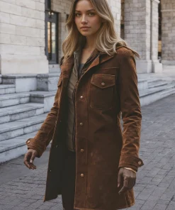 Women's brown vintage suede windbreaker: notch collar mid length jacket, button and zipper closure, patch pocket, vintage trend - Image 4