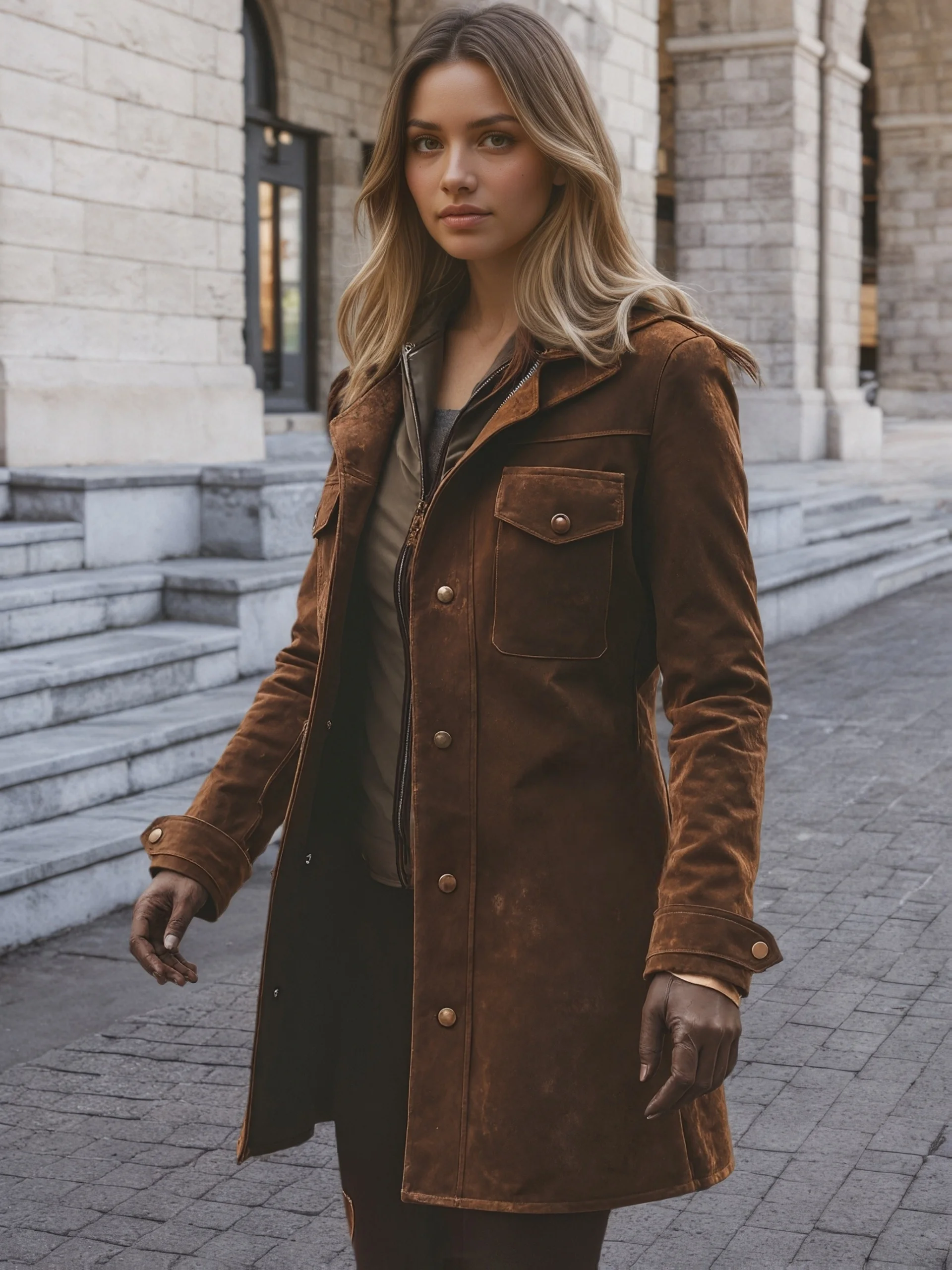 Women's brown vintage suede windbreaker: notch collar mid length jacket, button and zipper closure, patch pocket, vintage trend - Image 4