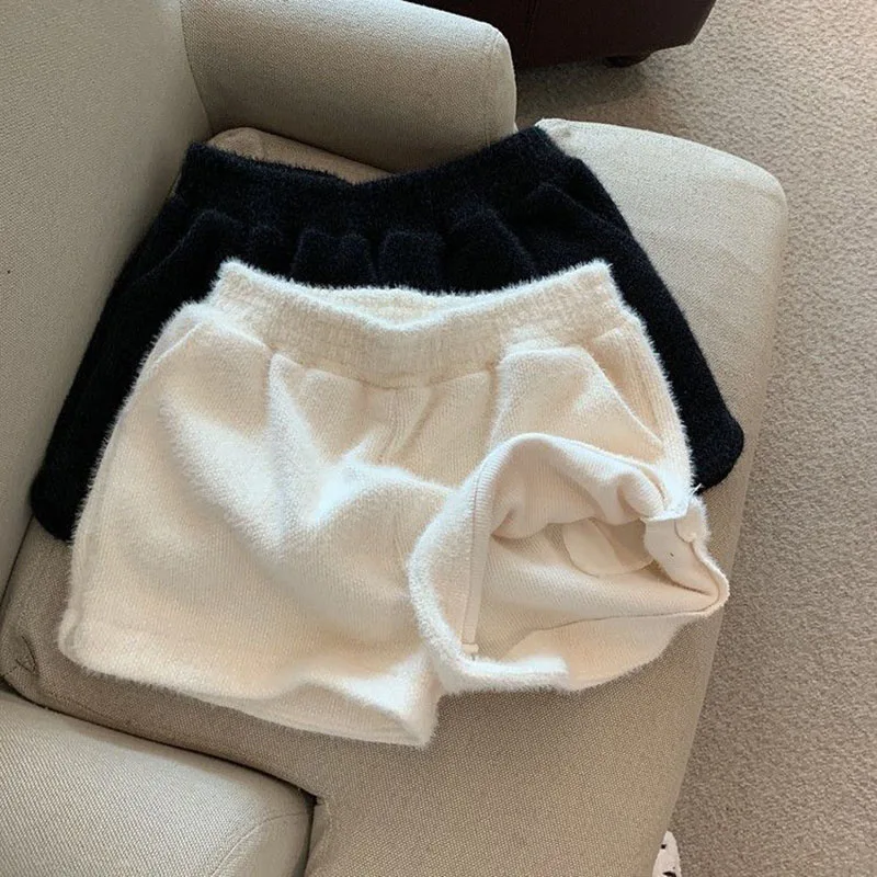 Xpqbb Autumn Winter Faux Mink Plush Shorts Women Korean Fashion Loose Wide Leg Short Pants Ladies Solid High Waist Casual Shorts - Image 2