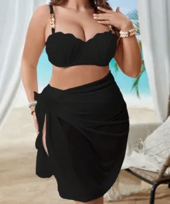 VigoJany 2025 Solid 3 Piece Mesh Skirt Plus Size Bikini Set Women Strapped Push Up Big Swimsuit High Waist Chubby Bathing Suit - Image 4