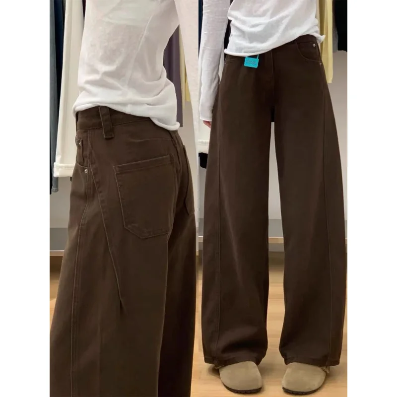 Maillard Brown Straight Leg Jeans for Women 2025 Autumn Winter Loose Fit Pear Shape Curved Wide Leg Pants - Image 2