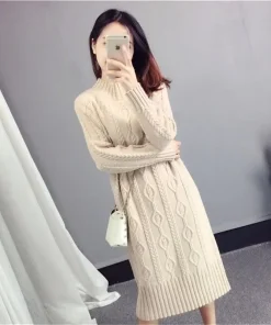 Khaki Thickened Sweater Women's Half High Neck Autumn And Winter New 2023 Korean Fashion Loose And Thin Knit Dress Long Female - Image 3