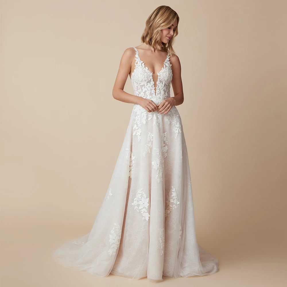 Wedding Dress Vestido De Noiva Sexy Customized V Neck Sleeveless Lace Applique Sweep Train Backless Bridal Gown for Woman - Image 4