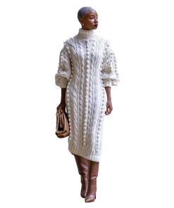 Turtleneck Knitted Jumpers Dress Long Sleeve Ankle Length Casual Dresses Loose Fit Spliced Vestidos Straight Solid Pullover - Image 5