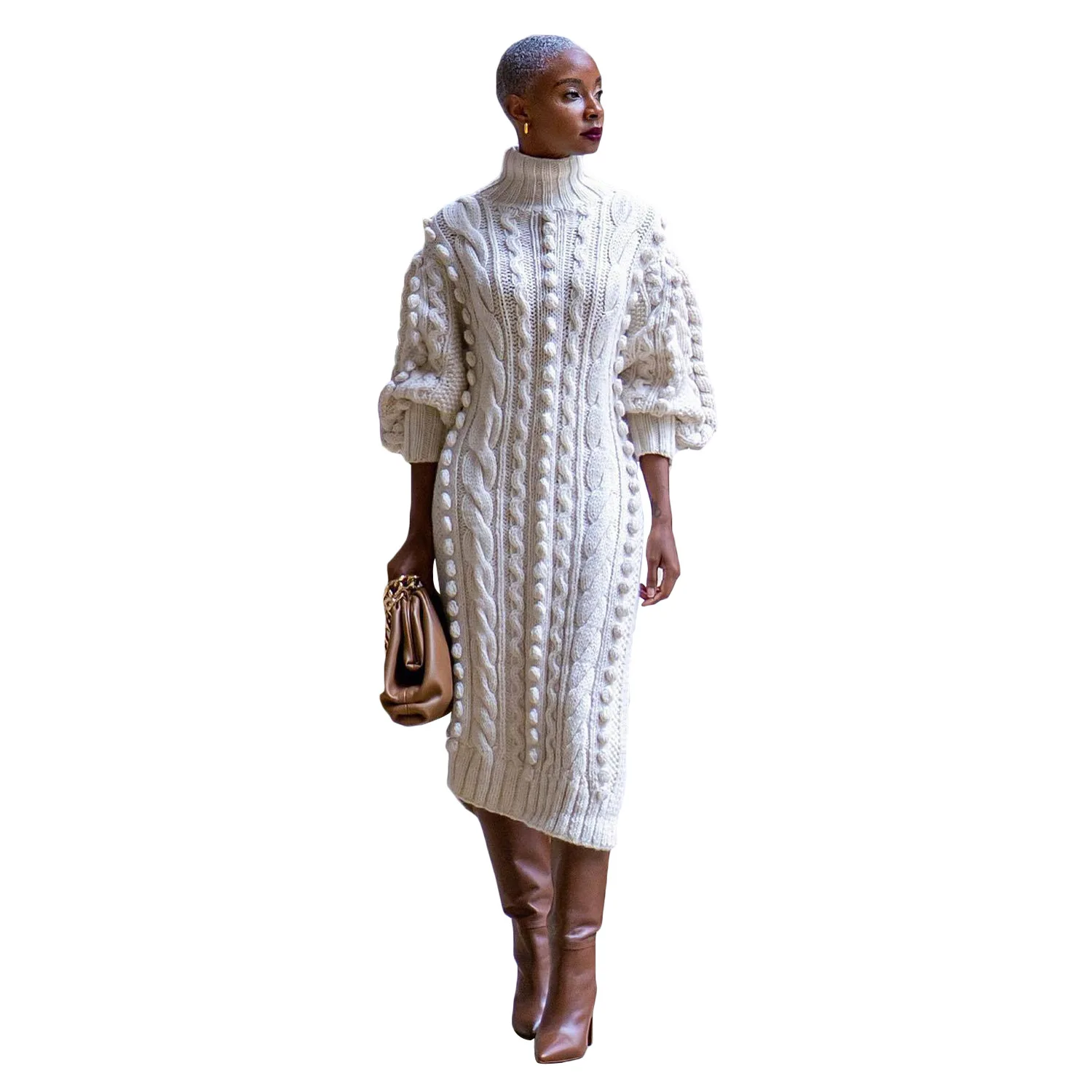 Turtleneck Knitted Jumpers Dress Long Sleeve Ankle Length Casual Dresses Loose Fit Spliced Vestidos Straight Solid Pullover - Image 5