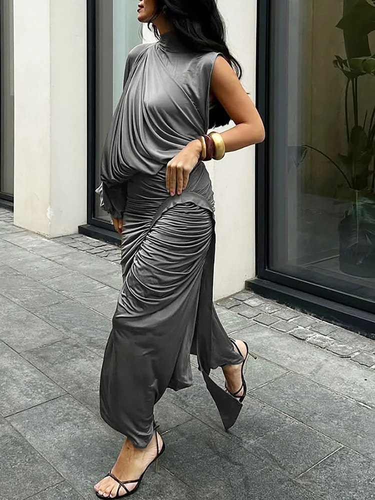 SIsterlinda Unique Irregular Women 2 Piece Set Solid Swinging Pleated Single Full Sleeve Turtleneck Tops+Matching Split Skirts - Image 5