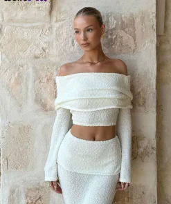 Weird Puss See Through 2 Piece Set Women Chic Hairball Lapel Slash Neck Crop Top+Maxi Skirts Matching Trend Streetwear Suits - Image 3