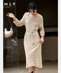 VIMLY Oatmeal Long Dress Woman Autumn 2025 Elegant Hollow Out Knitted Beach Style Dresses Round Neck Straight Ladies Dress 75211 - Image 3