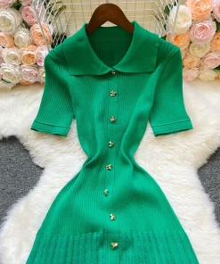 YuooMuoo Brand Fashion Vintage Turn-down Collar Knit Maxi Dress Elegant Single-breasted A-line Long Shirt Dress Lady Vestidos - Image 4