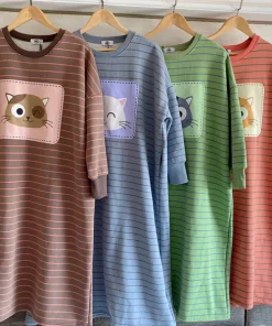 Female Long Sleeve Knit Cotton Nightgown Autumn Winter Thickened Fleece Warm Cartoon Outdoors Women Sleepwear Lady Loungewear