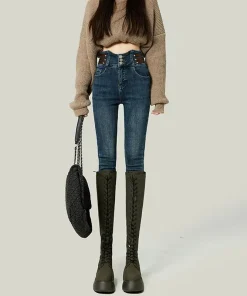 High Waisted Plush Lined Jeans for Women Tight Stretch Denim Pencil Pants Autumn Winter 2025 New Slimming Style - Image 4