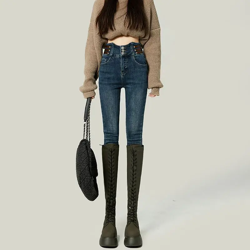 High Waisted Plush Lined Jeans for Women Tight Stretch Denim Pencil Pants Autumn Winter 2025 New Slimming Style - Image 4