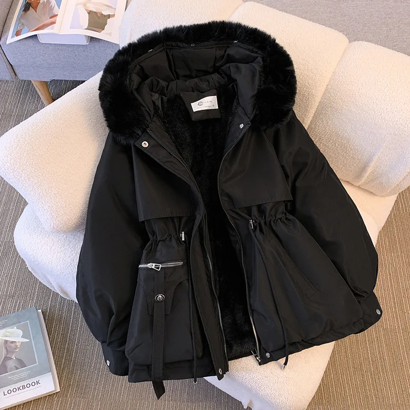 Fleece Lined Hood Down Jacket Winter Coat for Women Warm Drawstring Padded Parkas Korean Casual Streetwear Female Puffer Outwear - Image 4