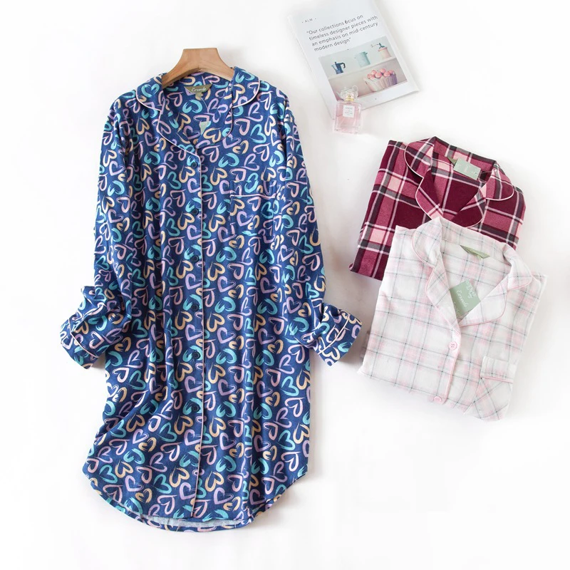 Winter 100% Brushed cotton nightshirts women nightgowns sleepwear fashion plaid Plus size sleepdress night dress nightwear - Image 2