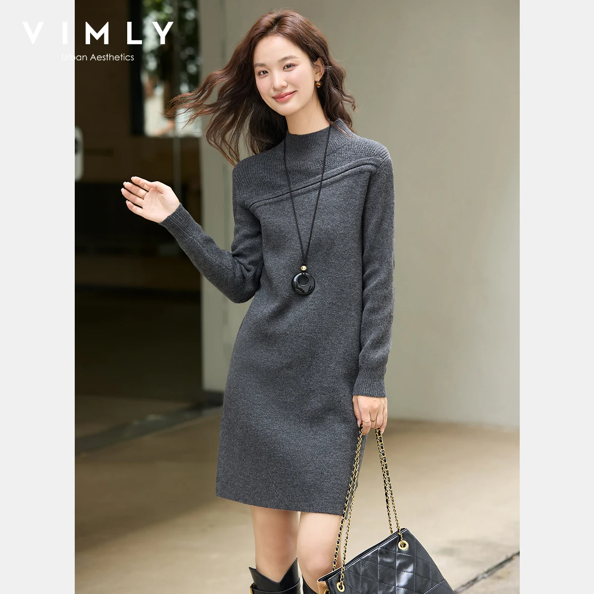VIMLY Gray Dresses Woman Elegant 2025 Autumn Knitted Mock Neck Paneled Midi Lady Dress Straight Wool Blend Female Dresses 75187 - Image 2