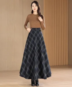 Plaid Wool Midi Skirt for Women - High Waisted A-Line Pleated Skirt, Fall/Winter Fashionable Casual Wear