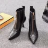 2025 New Women's Fashion Ankle Boots - Black Glossy Leather Quilted Booties with Front Zipper & Mid-Heel, Slim-Fit Winter Boots