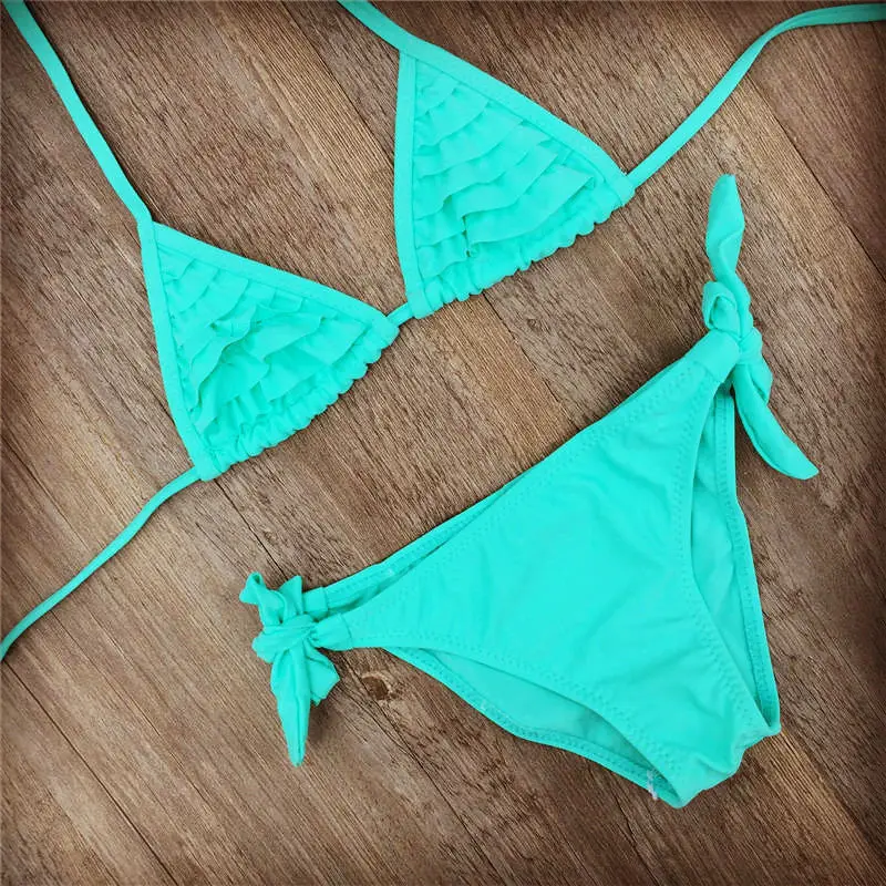 4 Color Brand 2023 Summer Girls Swimwear Soild Baby Kids Swimwear Biquini Infantil Swimsuits Falbala Bikini Girl For 6-14years - Image 3
