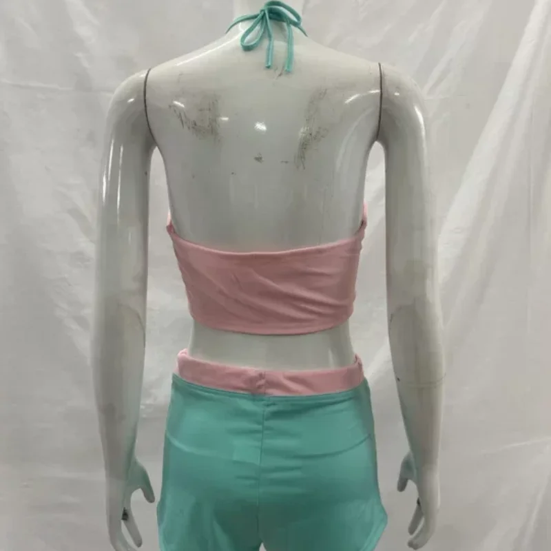 European American Y2K Sexy Cute Spicy Girl Strapless Hanging Neck Lace Up Bikini Color Blocking Shorts Two-piece Women Clothing - Image 3