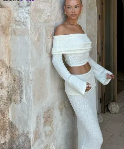 Weird Puss See Through 2 Piece Set Women Chic Hairball Lapel Slash Neck Crop Top+Maxi Skirts Matching Trend Streetwear Suits - Image 5
