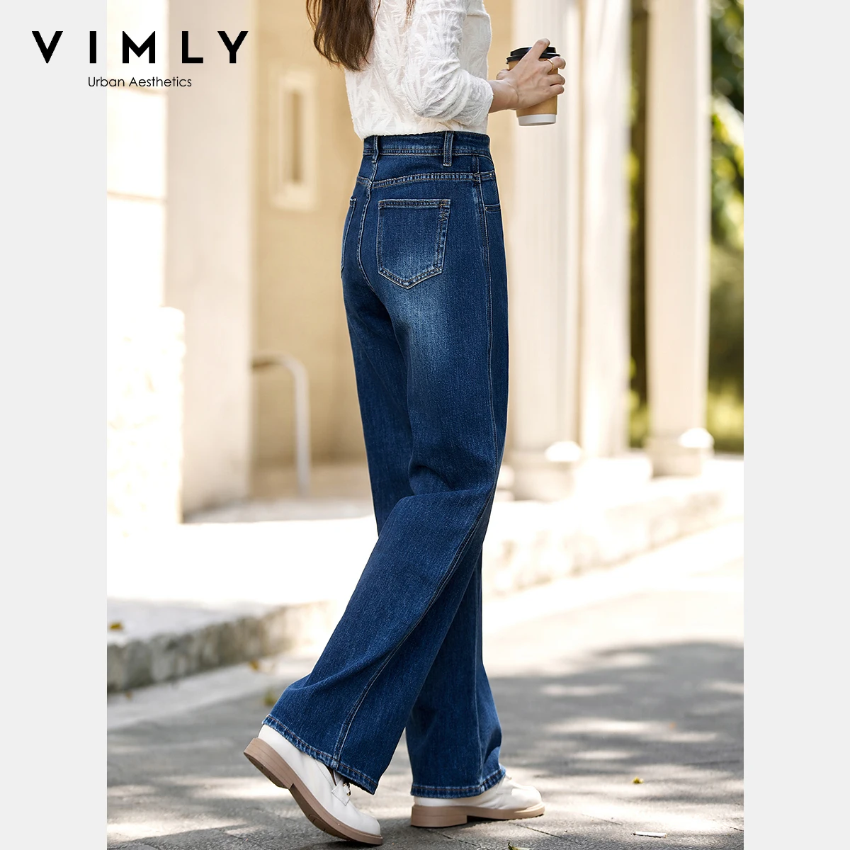 VIMLY Blue Denim Woman Pants Autumn Vintage 2025 New Straight Pockets Wide Leg Female Jeans Casual Button Trousers Ladies 75180 - Image 2