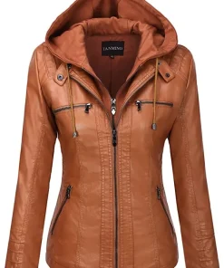 Hooded Leather Jacket Two-Piece Set Removable Large Size Leather Jacket for Women Spring & Fall Outwear for Women Pu Washed Leather - Image 4