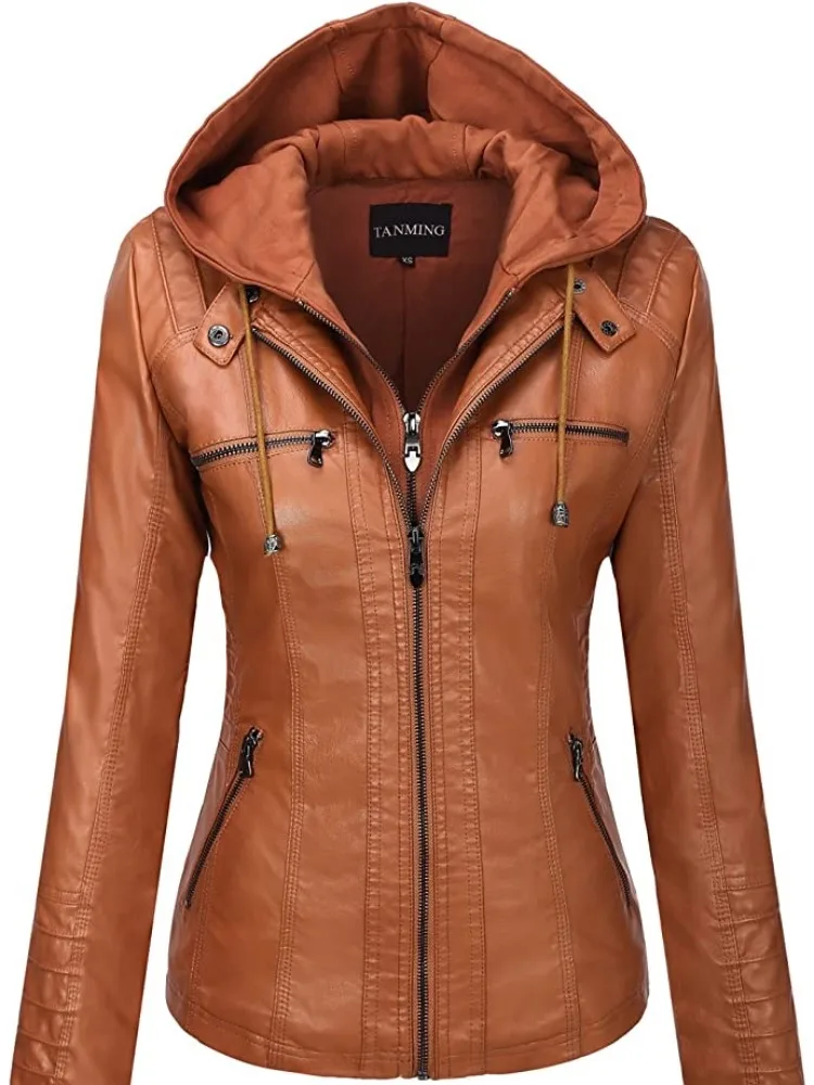 Hooded Leather Jacket Two-Piece Set Removable Large Size Leather Jacket for Women Spring & Fall Outwear for Women Pu Washed Leather - Image 4
