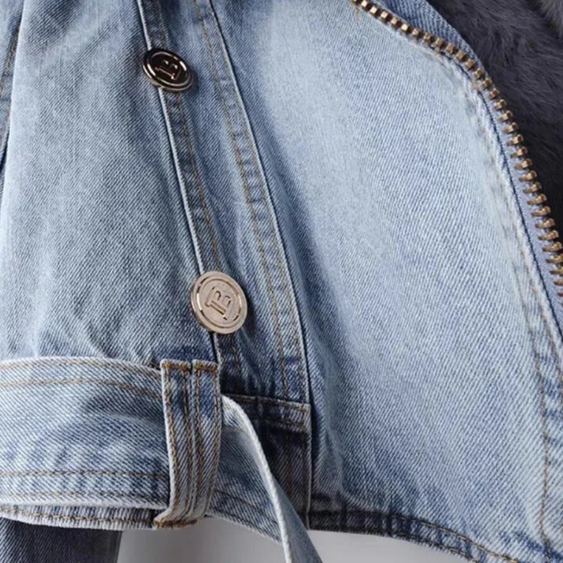 New Winter Denim Jacket Women Fashion Overcoat Faux Fox Fur Collar Jean Coat Female Short Warm Parkas Rabbit Hair Lining Outwear - Image 2