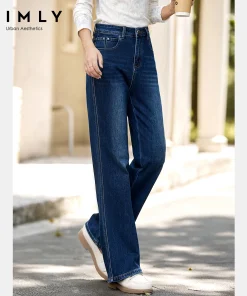 VIMLY Blue Denim Woman Pants Autumn Vintage 2025 New Straight Pockets Wide Leg Female Jeans Casual Button Trousers Ladies 75180 - Image 3