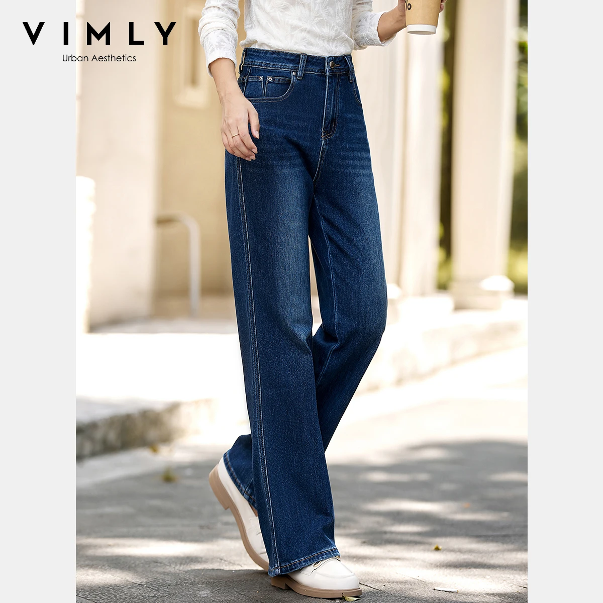 VIMLY Blue Denim Woman Pants Autumn Vintage 2025 New Straight Pockets Wide Leg Female Jeans Casual Button Trousers Ladies 75180 - Image 3