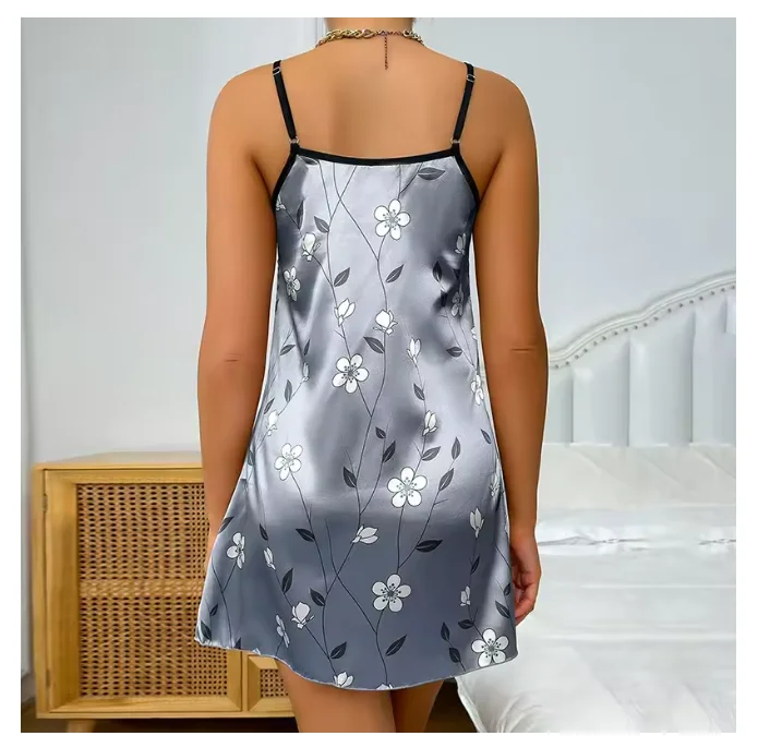 Women's Sleepwear Summer Floral Print Satin Nightgown Casual Sleeveless Backless Slip Night Dress Sexy Nightdress Home Clothes - Image 2