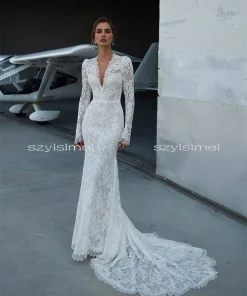 Modern V Neck Mermaid Wedding Dress Sweep Train Long Sleeves Bridal Dresses Customized свадебное платье - Image 3