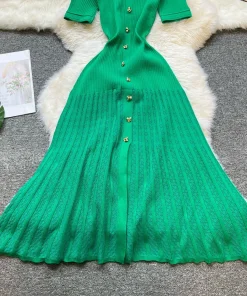 YuooMuoo Brand Fashion Vintage Turn-down Collar Knit Maxi Dress Elegant Single-breasted A-line Long Shirt Dress Lady Vestidos - Image 5