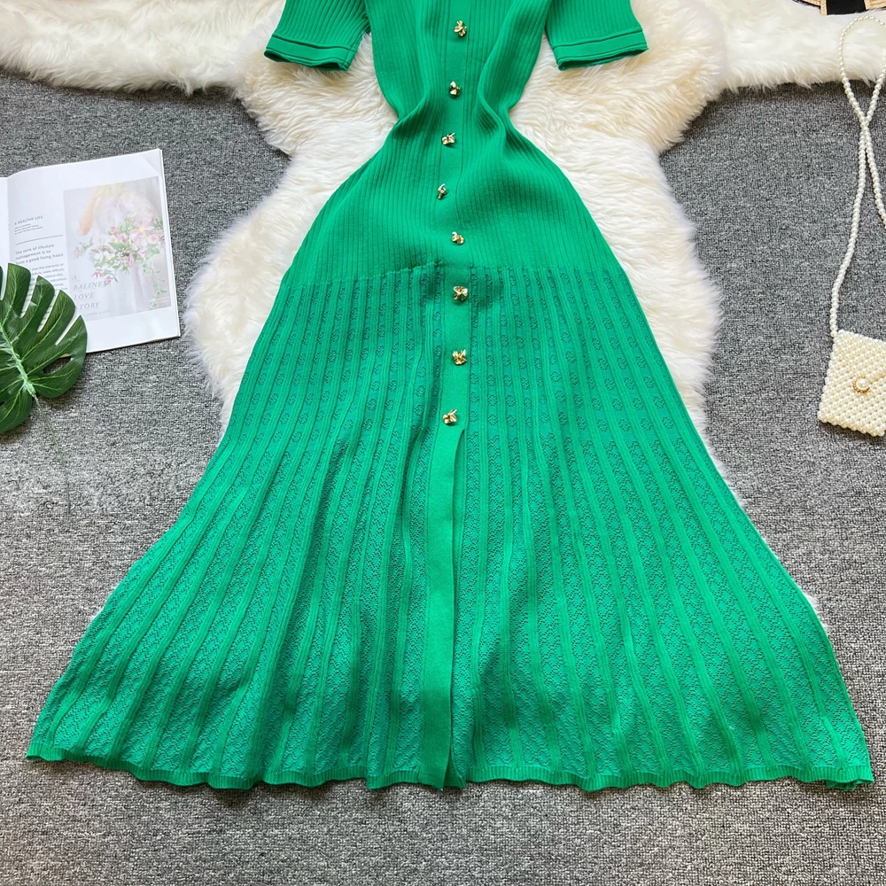 YuooMuoo Brand Fashion Vintage Turn-down Collar Knit Maxi Dress Elegant Single-breasted A-line Long Shirt Dress Lady Vestidos - Image 5