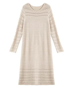 VIMLY Oatmeal Long Dress Woman Autumn 2025 Elegant Hollow Out Knitted Beach Style Dresses Round Neck Straight Ladies Dress 75211 - Image 6