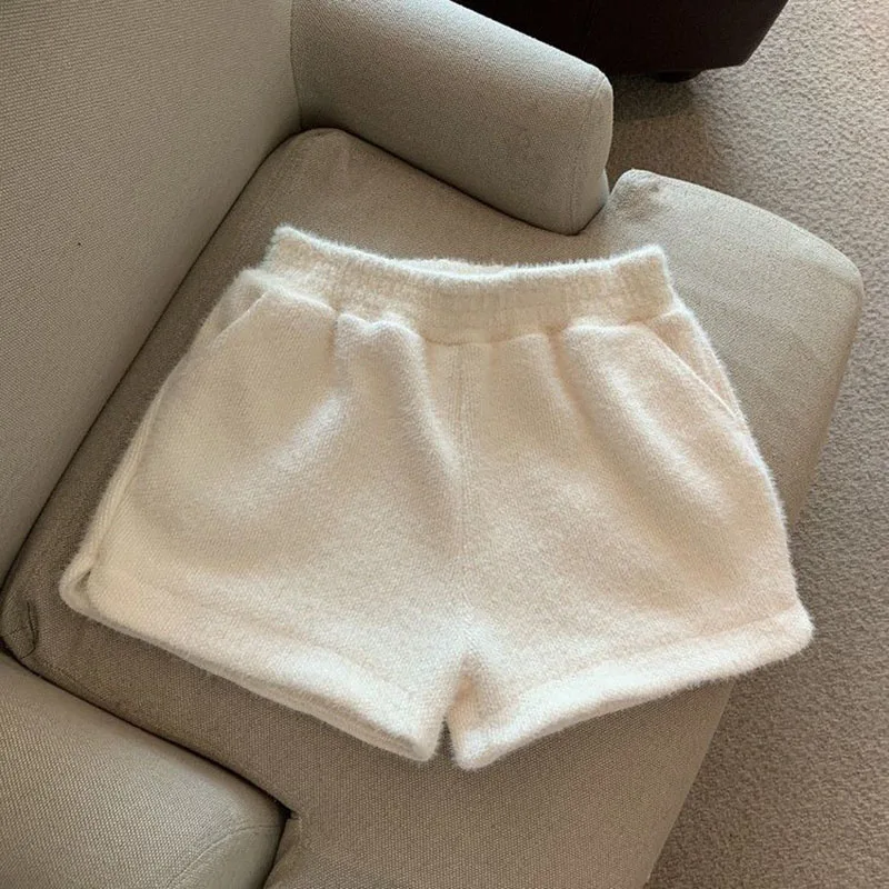 Xpqbb Autumn Winter Faux Mink Plush Shorts Women Korean Fashion Loose Wide Leg Short Pants Ladies Solid High Waist Casual Shorts - Image 3