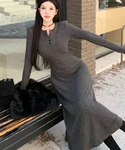 Smvp Elegant Slim High Waist Knit Dresses Women Autumn Winter Long Sleeve Thick Warm Long Dress Vintage Streetwear Vestidos - Image 6