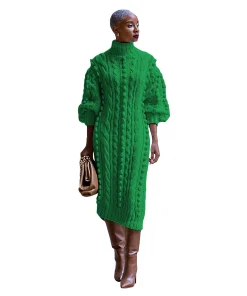 Turtleneck Knitted Jumpers Dress Long Sleeve Ankle Length Casual Dresses Loose Fit Spliced Vestidos Straight Solid Pullover - Image 3
