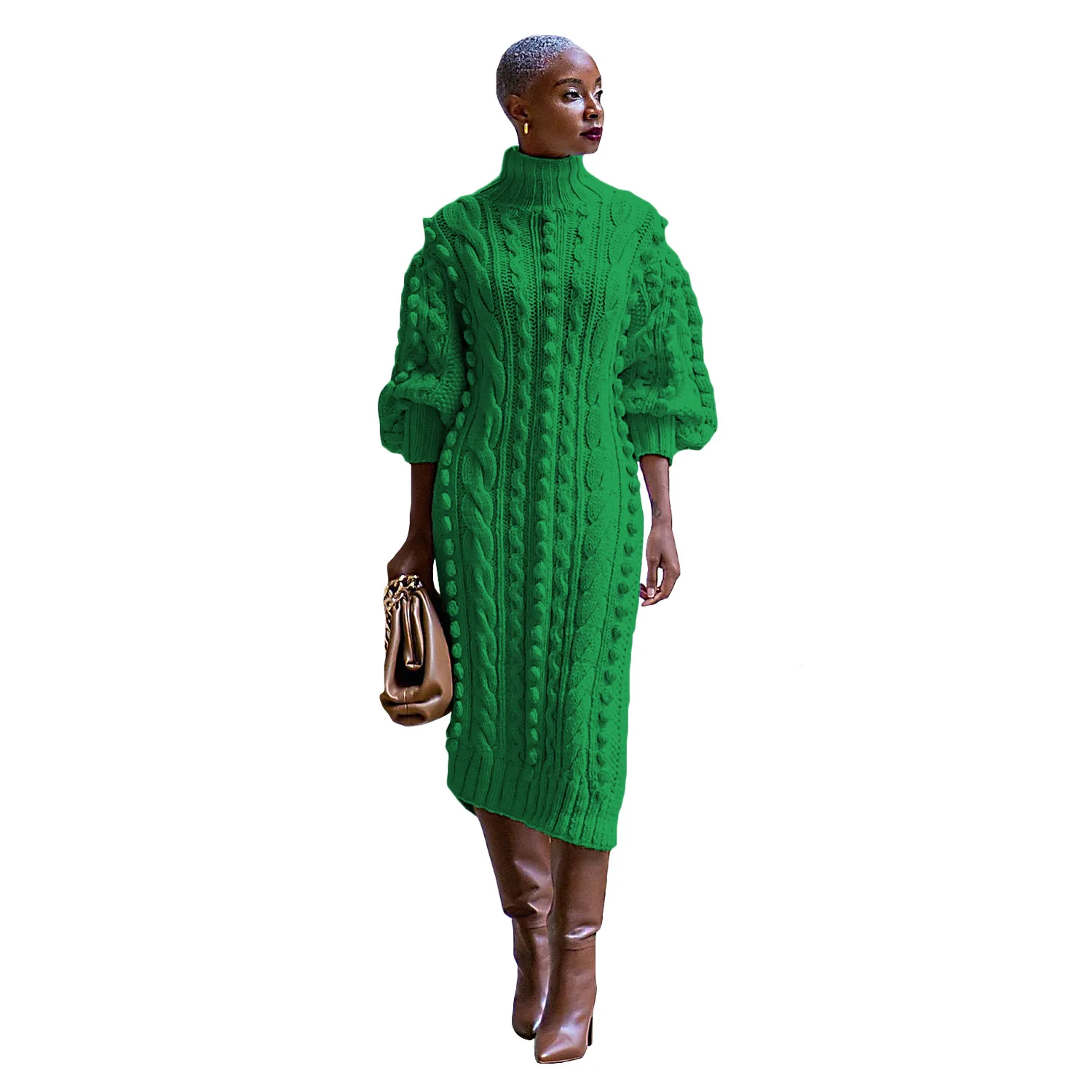 Turtleneck Knitted Jumpers Dress Long Sleeve Ankle Length Casual Dresses Loose Fit Spliced Vestidos Straight Solid Pullover - Image 3
