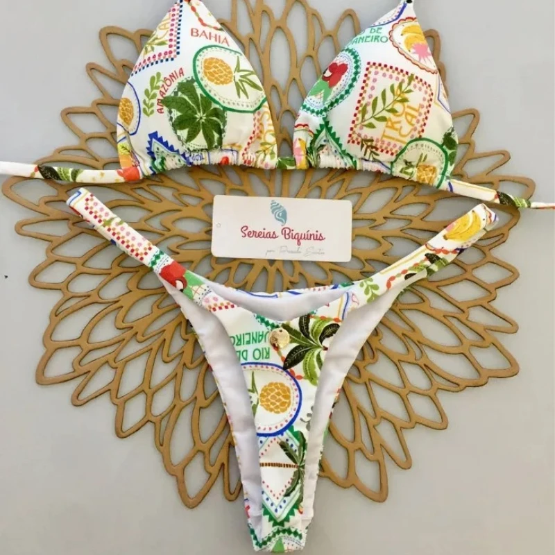 Print Sexy Bikini Sets Halter Lace-up Tops Thongs Beach Style Bathing Suit Y2k Swimsuits Women Beachwear Купальник Женский 2025 - Image 3