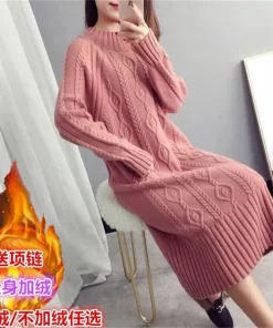 Khaki Thickened Sweater Women's Half High Neck Autumn And Winter New 2023 Korean Fashion Loose And Thin Knit Dress Long Female