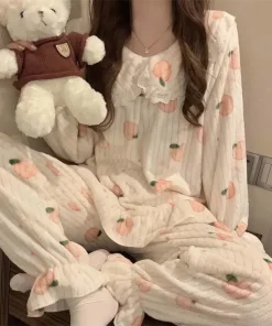Warm Sleepwear Small Bear Peach Coral Velvet Two-Piece Set Women Pajamas Autumn and Winter Thickening Home Wear School Sleepwear - Image 3