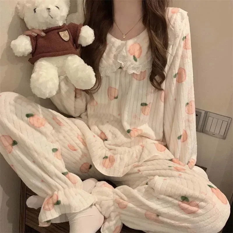 Warm Sleepwear Small Bear Peach Coral Velvet Two-Piece Set Women Pajamas Autumn and Winter Thickening Home Wear School Sleepwear - Image 3