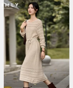 VIMLY Oatmeal Long Dress Woman Autumn 2025 Elegant Hollow Out Knitted Beach Style Dresses Round Neck Straight Ladies Dress 75211 - Image 4